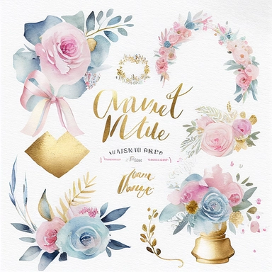 watercolor marriage anniversary clipart collection, white background, white, pink, blue and gold illustrations