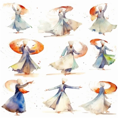 Watercolor Turkish Mevlana museum ., illustrations clipart set, simple, , cartoon elements, different variants , whirling male dervishes where one palm of hand faces the sky the other plam faces the ground, different poses , separate elements with a margin
