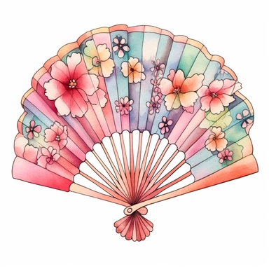A cute one Japanese Folding Fan, decorate with japanese motifs, watercolor Sublimation graphics, hand drawn illustration by katie daisy, Watercolor clipart, single design, single object, print on demand image, PNG transparent background, white background for removing background - - no text shadow font watermark, 8k