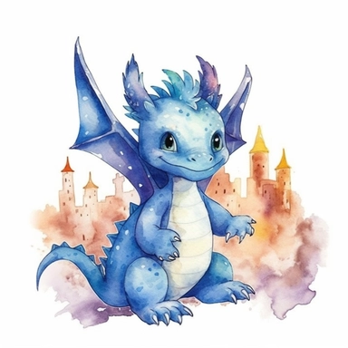 Cute happy Watercolor city Baby Dragon Clipart, on a white background--s 1000