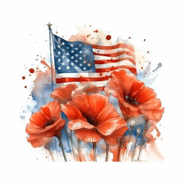 An artistic watercolor depiction of a folded American flag against a backdrop of poppies, symbolizing the sacrifices made by our brave servicemen and women. Cool design, heartwarming design, watercolor clipart, photo-realistic drawings, contour