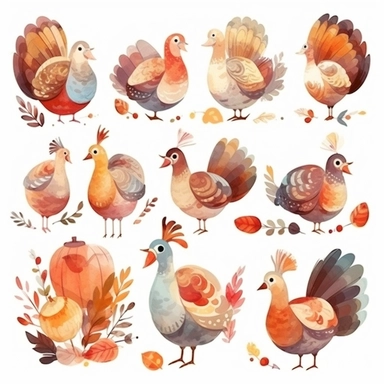 Clipart collection, cute turkey, single design, vector, white background, watercolor