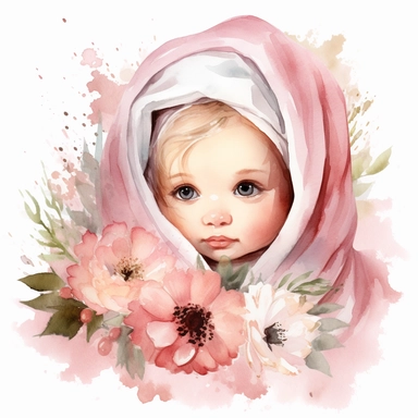 an ultra cute baby girl wrapped in a pink blanket, flower bomb, summer, Watercolor white background clipart