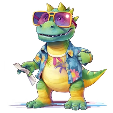 summer, cute Dinosaur wearing a Hawaiian shirt, cute pose, watercolor illustration for kids and children, clipart, sublimation, white background, brightly colored style, realistic color schemes, luminescent color scheme