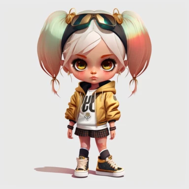 chibi white girl, colorful cloth, mesh bun hair style, gold hair, full length portrait clipart, sneakers, white background, A sharp photograph of an expensive, ultra realism, cinematic, epic, 8k,
