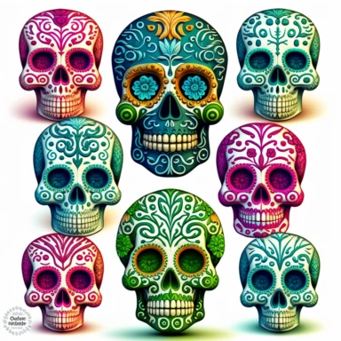 2d artistic sugar skulls clipart style with beautiful detailed features. tribal astetics, pure white background with clear edges around skull. colorful but not radiant. mystical, meaningful, epic, for sublimation and cutout out so nothing outside of the lines