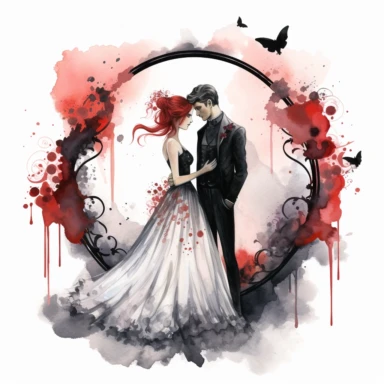 Lovecore. Clipart. A captivating gothic wedding illustration in a watercolor style with a touch of flat design. The artwork features a bride and groom in a whimsical and stylized representation. The composition is set against a clean white background, allowing the bold colors and clear contours to stand out. Emphasize the gothic theme with a color palette consisting of dark shades of black, deep purple, and other complementary neutral tones. The illustrations should have a minimalist aesthetic w