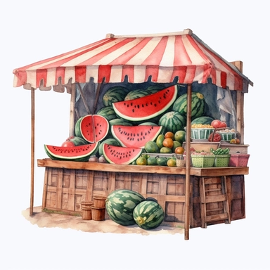 Watercolour realistic vibrant watermelon stall beautifully detailed realistic watermelon stall, PNG image,transparent background ,ultra highly detailed, 18k, sharp focus, bright photo with vibrant colours, digitally enhanced,photographic, enhanced graphics, png format, straight, sharp focus, bright lighting, intricate detailed png image ,high definition,300dpi,graphic clipart,computer graphics