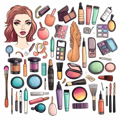 watercolor, cosmetics and beauty icons in trendy linear style - set of signs related to wome png Full body realistic cartoon in 32K UHD cute. 15 cm thick outline. Black color. There was no shadow on the ground. 8k with realistic watercolors and detailed illustrations. PNG clipart, transparent white background