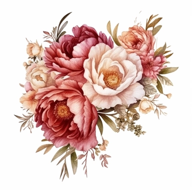 clear watercolor burgundy and peach peonies in corner arrangement border, hyper detailed, high definition, ultra realistic, clipart, white background,