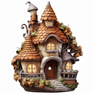 the most beautiful fairy house carved in an acorn, clipart, white background, sharp image, ultradetails