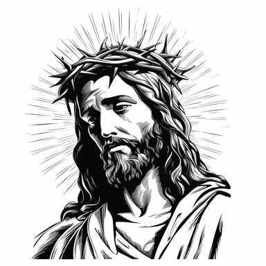 Jesus Christ with Crown of Thorns holding the cross, Looking above, line art, clipart style, solid white background