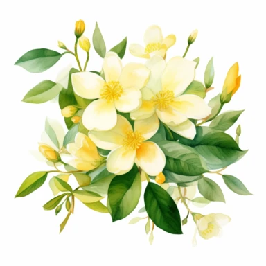 soft yellow colored jasmine flower arrangement with watercolor effect,suitable for digital clipart,white background,green leaves
