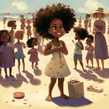 pixar , disney illustration of Sag Harbor , An illustration of fiver year old light skin Harper a happy black girl with curly afro, arriving in sag harbor ,standing looking at a group of children making other sandcastles in the competition , from the community's stunning Sunset Beach, east hampton , summer vaction, beach town , summer days , muted tones , shy warm heart , pixar , hyper detailed , smooth skin realistic animated — Happy Black Girl Smiling art,black girlsclipart, Funny black girl ,