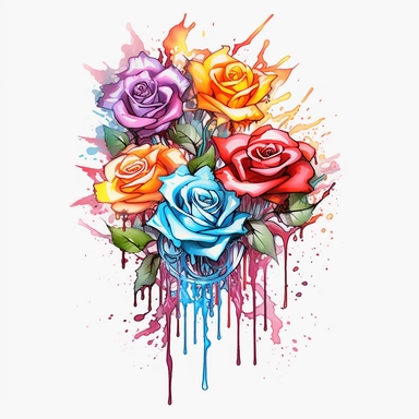 tattoo design of rose bouquet flower color art watercolor drip in transparent overlay, in the style of vibrant spectrum colors, white background, color gradients, chalk art, whimsical yet eerie animal symbolism, vibrant murals, hand-coloring watercolor clipart, white background