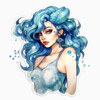 Aquarius zodiac sign as fantasy cute beautiful lady, Horoscope, Astrology, Watercolor Aquarius Zodiac Sign Clipart sticker design, 8k, detailed white background, uplighted