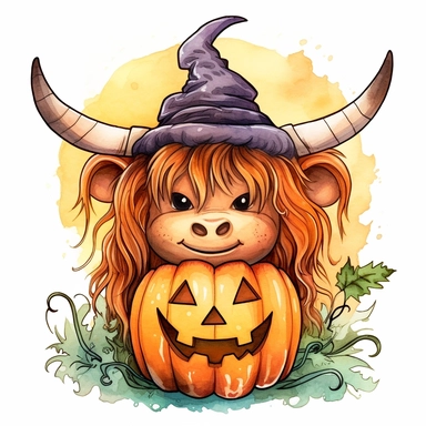 Cute funny highland cow in Jack - o' - lantern, kids cartoon style, illustrated, watercolor, isolated on a white background, high detail, unique, intricate detail , style by Lucy Fleming, watercolor, smooth gradients, black contour outline, ultra detailed, clipart elements, delicate pastel colors, solid white background, super clear, high quality
