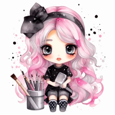 Watercolor funny create kawaii marbled black, silver, pink chibi with school supplies clipart, isolated