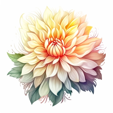 Watercolor snow white dahlia clipart on a white background in the style of feminine sticker art, Tanya Shatseva, storybook illustration, pure and pristine shades, Georgia O'Keeffe, flower and nature motifs, colored line art, colored outlines, cottagecore design, watercolor on white background, ombre, warm tones, colored line art, colored outlines, iridescent ombre, gradient shading, winter snow tone, vibrant digital art oil paint photorealism, an illustration of a colored flower, meticulous sket