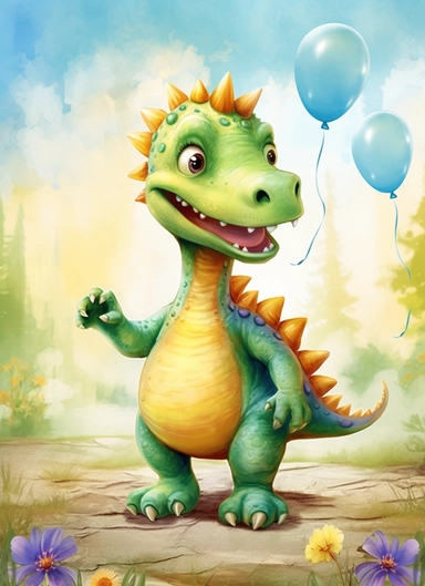 cheerful dino , clipart for a bithday card, soft faded colors, realistic, art for children