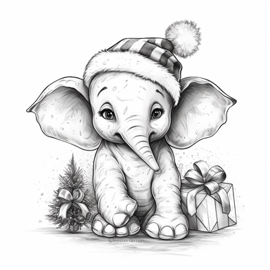 create a simple illustration of a children's coloring book page featuring a baby elephant celebrating christmas in style of line art, vector art, clip art in black and white, low details