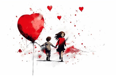 cute beutiful girl and boy holding hands, red half of the heart shape balloon geometric minimalist , valentine's day, top view, running in Tokyo, ink, Ghibli style, 8k, Leyka 35mm very detail clipart on white background space out 8k