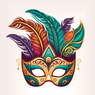 funny mardi gras mask clipart, coloring book art style, sharp graphic vector art illustration, warm colors, very less details, white background