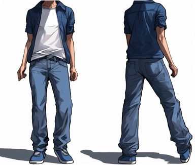 a clipart image showing an image of a guy wearing blue pants, in the style of heavy shading, comiccore, slumped/draped, frontal perspective, comic book-esque, light indigo and dark black, commission for,white background