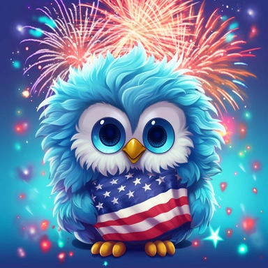 Super cute, American flag with blad eagle with firework Sublimation Clipart, Cartoon funny, Cute anime, Very detailed, blue skycolorful background