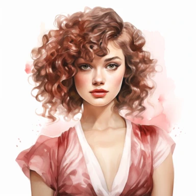 Illustrate a watercolor clipart portrait of a stylish young model with curly hair, showcasing a vintage-inspired look with classic makeup, retro clothing, clipart, white background