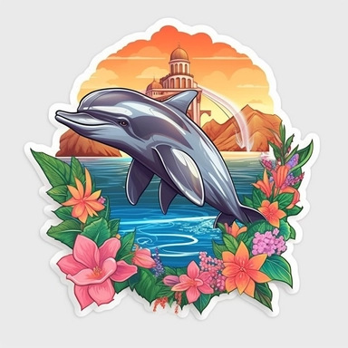 dolphin, close up, a sticker, artwork of t shirt graphic of majestic forest, in digital painting style , beautiful flowers, sunset mountains and clouds , big vines, stone temple covered in vines, white background, colorful fantasy flower sorround , highly detailed clean, vector image, photorealistic masterpiece, professional photography, realistic, flat white background, isometric, vibrant vector, clipart, illustration, realism, 4k, , cinematic, front view, white background, paradise, extremely 