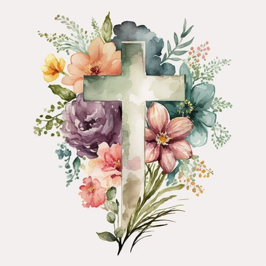 christian cross flowers water color clip art
