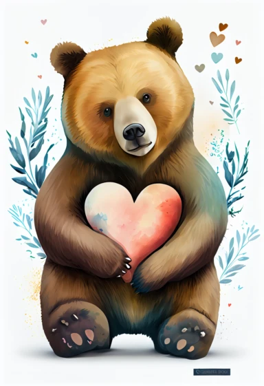 bear holding heart, clipart white background