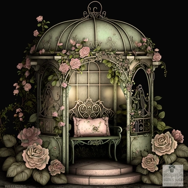 fantasy rose evening garden with antique wrought iron bench and gazebo, soft pink and green and khaki colors, romantic, clipart style, shabby chic, ethereal
