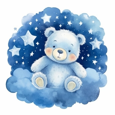 a delightful watercolor clipart image with a blue background and white margins, portraying a baby bear floating on a fluffy blue cloud, surrounded by a group of smiling stars. The ultra-detailed, hand-drawn elements capture the magic and happiness of the scene. Use soft shades of blue combined with hints of white and silver to create a visually captivating and cheerful image that conveys the joy and wonder of childhood