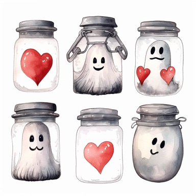 Collection of little flying baby ghost face, transparent glass jar and red love heart. Hand drawn watercolour graphic drawing on white, cutout clip art elements for print, invitations, banners, cards