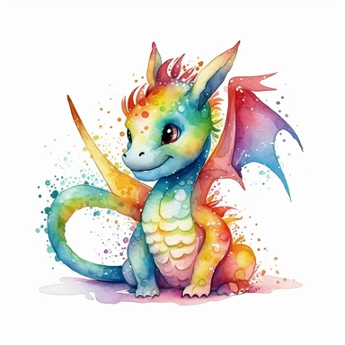 Cute Rainbow Dragon Watercolor Clipart, in the style of digital airbrushing,white background