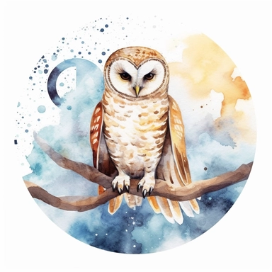 Clipart with white background: Explore the concept of balance and harmony by creating a watercolor celestial owl perched on a yin-yang symbol