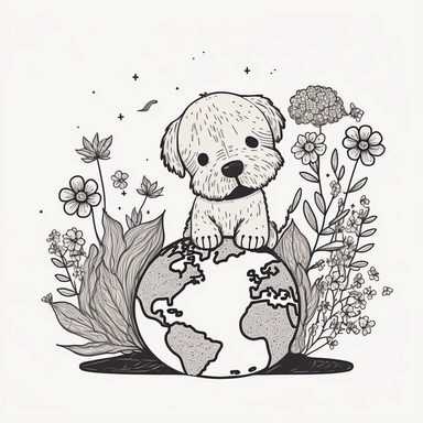 planet earth vector retro line-art doodle, earth day, flowers growing out of earth, and a dog sitting on earth, vector illustration 2d flat, cute, clipart, flat, 2d vector, minimalist, black and white, cartoon, svg cut file, line art drawing — ar 4:5