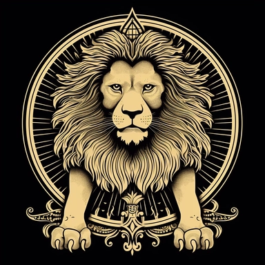Design a majestic, black and white graphic tattoo that takes inspiration from the Persian 'shir-o-khorsheed' emblem. Feature a lion, standing fearless and calm, bathed in the glow of a radiant sun. The lion's features should be intricately detailed, a symbol of strength and authority. Ensure the sun's rays are bursting forth, giving the impression of a bright future and unfaltering optimism. Intertwine a Shamshir sword into the design, an emblem of courage and valor, perhaps held proudly by the 