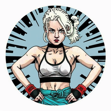 cheeky platinum blonde bohemian young female martial artist, handpainted enamel punk zine indie retrowave, clipart illustration, circle white background, circular compound design border