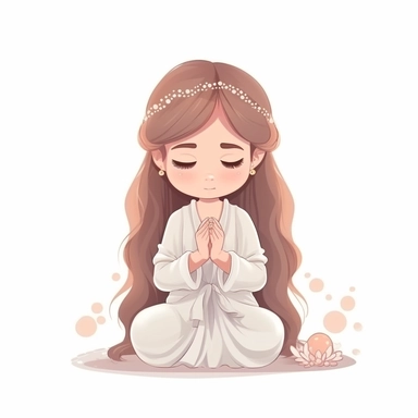little girl first holy communion, girl kneeling with holy beads in hand and hands in a praying gesture clipart vector white background
