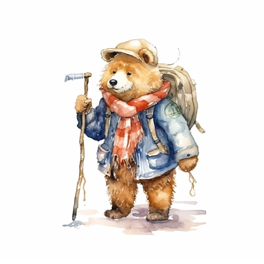 one bear holding a cane and carrying a backpack Watercolor clip art on a white background, in the style of charming character illustrations, realistic brushwork, detailed costumes, adventurecore, cottagepunk, handheld, wallpaper , no watermark, text, 300 DPI , typography, shapes do not stick together, no text in the picture, on a white background