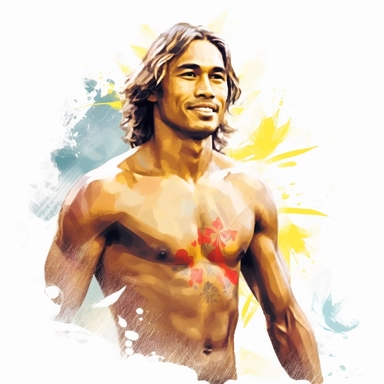 beautiful stunning hawaiian surfer young man , paint art style, clipart, white background, superrealistic, one of a kind