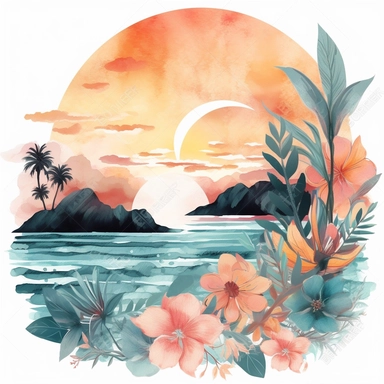 Beautiful tropical sunset, with loose gouache florals, gouache, peachy and aqua tones, white background, clipart