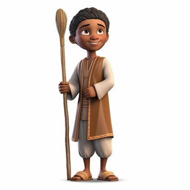 cute 3d cute little boy historian clipart, various ethnicities, ancient historical era cane or crutch, full body, on white background