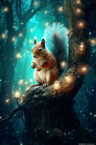 clipart, tarot card, high quality, fantasy forest, squirrel, full moon, light brown, turquoise, white, glitter, galaxy