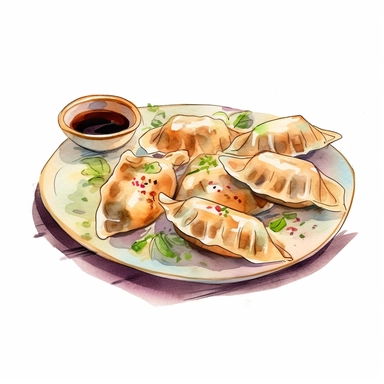 picturesque,bright luxury Japanese nutural food, Pan-fried gyoza dumplings with brown burnt marks, Japanese Gyoza have Juicy on the inside, a golden brown and slightly crispy base, for the restaurant menu, icon clipart on white background, watercolor, detailing in pastel colors, high quality, painted by Beatrix Potter, 8k,