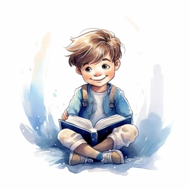 a happy little cute boy in a five-year-old, white short, blue jacket, book, style by Lusy Fleming, folk art, watercolor, clipart elements, smooth gradients, black contour outline, ultra detailed, white background, super clear, high quality