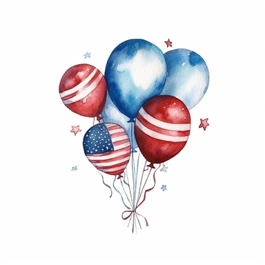 american flag party balloon clipart, white background, red white and blue colour tones, watercolour style